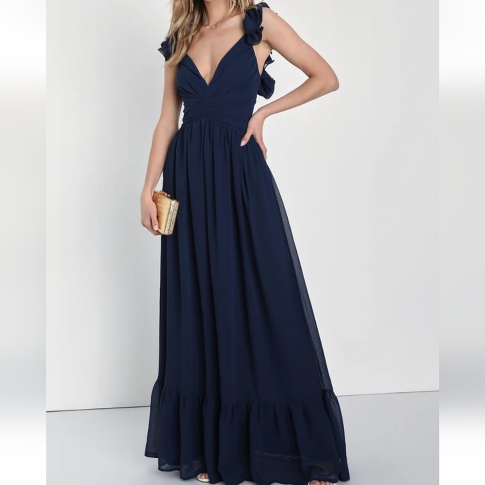 LULU'S NAVY BLUE LACE UP MAXI DRESS X-SMALL
